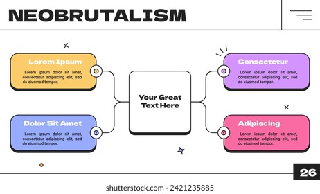 Mind-map chart of neobrutalism design template with 4 options. Business process structure colour infographic y2k mockup. Four steps of development strategy presentation. Creative diagram elements