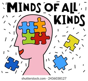 Minds of all kinds. Human mind, experience diversity. Neurodiversity, autism acceptance. Differences in personality characteristics. An inclusive, understanding society. Colorful vector illustration