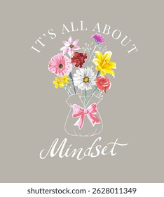 mindset calligraphy slogan with colorfil flowers in plant bag line art vector illustration
