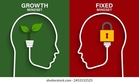 Mindset concept with head silhouette. Heads of two persons one with growth mindset vs fixed mindset. Vector illustration design for template design, business, infographic, web, brochure and banner.