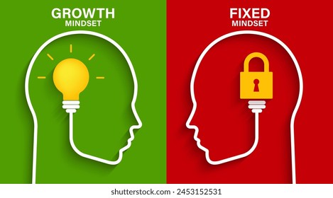 Mindset concept with head silhouette. Heads of two persons one with growth mindset vs fixed mindset. Vector illustration design for template design, business, infographic, web, brochure and banner.