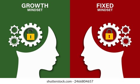 Mindset concept with head silhouette. Heads of two persons one with growth mindset vs fixed mindset. Vector illustration design for template design, business, infographic, web, brochure and banner.