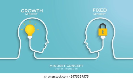 Mindset concept with head silhouette. Heads of two persons one with growth mindset vs fixed mindset. Vector illustration design for template design, business, infographic, web, brochure and banner.