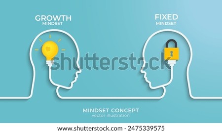 Mindset concept with head silhouette. Heads of two persons one with growth mindset vs fixed mindset. Vector illustration design for template design, business, infographic, web, brochure and banner.