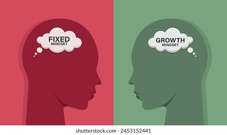 Mindset concept. Heads of two persons one with growth mindset vs fixed mindset. Vector illustration design for template design, business, infographic, web, brochure and banner.