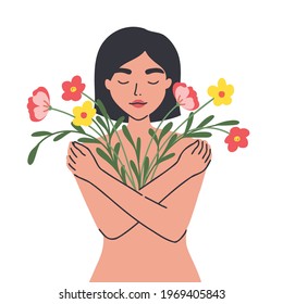 Mindset Conceptual Illustration. Woman Hugging Herself With Love And Compassion. Naked Female Body And Flowers Which Symbolize Self Love And Body Acceptance. Flat Vector Design