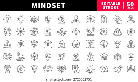 Mindset editierbare Linien Icons gesetzt. Kreativität und Innovation