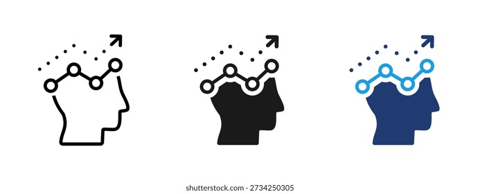Mindset and growth icon with human head silhouette, chart and upward arrow. Symbol of analytical thinking, data-driven decisions, business strategy, growth, insights, planning and personal development