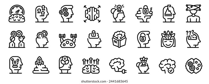 Mindset growth icons set outline vector. Thinking positive. Happy self increase