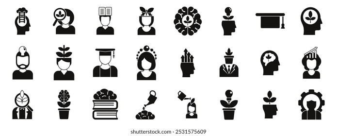 Mindset growth icons set. This set of icons shows people developing their growth mindset, embracing challenges, and achieving their full potential