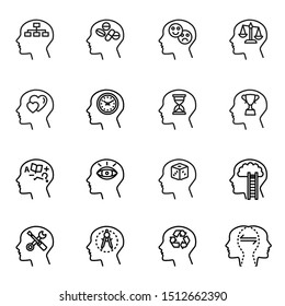 mindset, Human head, business and motivation icon set with white background. Thin line style stock vector.