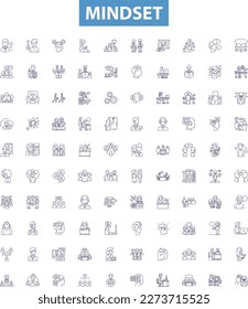 Mindset line icons, signs set. Attitude, Outlook, Perspective, Psyche, Disposition, Worldview, Thinking, Tenor, Mental outline vector illustrations.