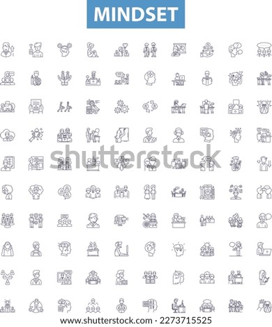 Mindset line icons, signs set. Attitude, Outlook, Perspective, Psyche, Disposition, Worldview, Thinking, Tenor, Mental outline vector illustrations.