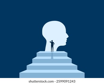 Mindset, Look at your thoughts, Businessman on stairs with head shaped door