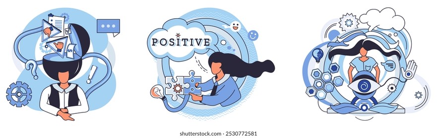 Mindset. One person finding solutions, one focusing on positive thinking, the last one meditating with gears. Ideal for personal growth illustrations, mental health, problem-solving, positive