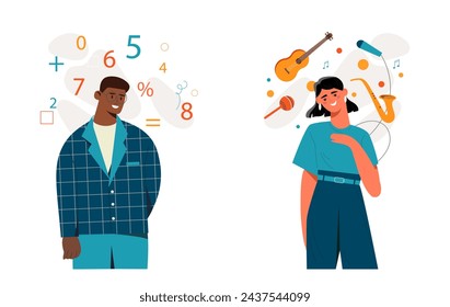 Mindset type set. Man with logical type of thinking and woman with creative mind. Numbers versus musical instruments. Cartoon flat vector collection isolated on white background