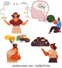 Mindset types set structural, analytical, logical and creative artistic personality predisposition, people with different thinking concept. Mind behavior, mental perceiving, psychological concept