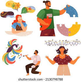 Mindset types set structural, analytical, logical and creative artistic personality predisposition, people with different thinking concept. Mind behavior, mental perceiving, psychological concept