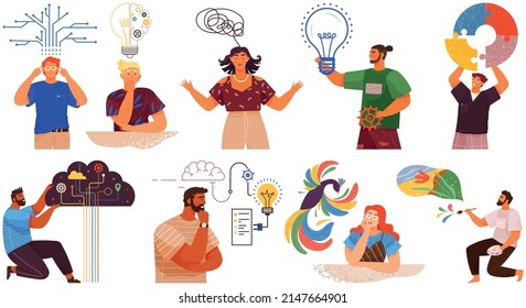 Mindset types set structural, analytical, logical and creative artistic personality predisposition, people with different thinking concept. Mind behavior, mental perceiving, psychological concept