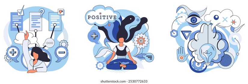 Mindset. Various elements illustrate effective planning, meditation for positivity, and fostering creativity. Ideal for personal development, mindfulness practices, mental well-being, productivity