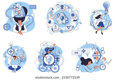 Mindset. Various illustrations show people engaging in creative ideas, decision-making, problem-solving, mental focus, and innovation. Ideal for self-improvement, productivity, goal setting