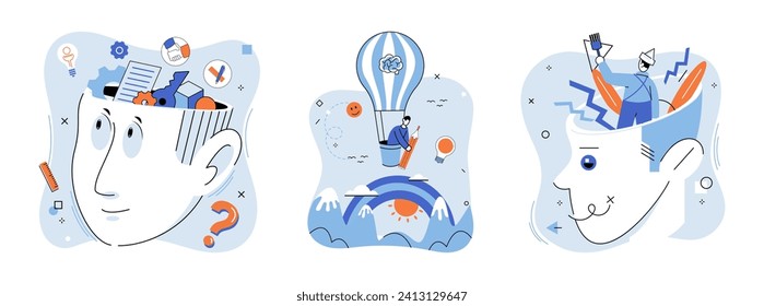 Mindset. Vector illustration. Attitude plays crucial role in personal improvement and success Motivation is driving force behind achieving your goals Intelligence and psychology are intertwined