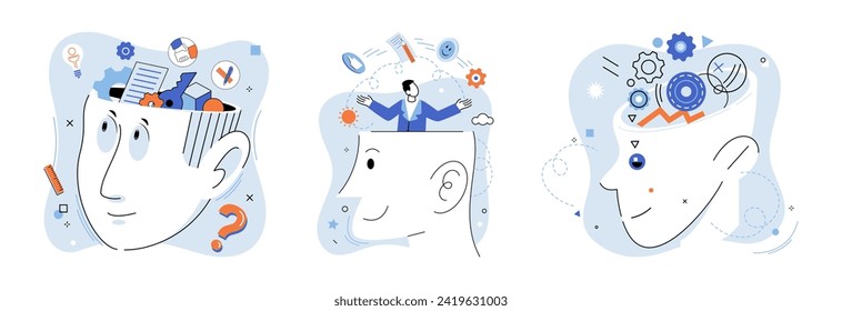 Mindset. Vector illustration. Attitude plays crucial role in personal improvement and success Motivation is driving force behind achieving your goals Intelligence and psychology are intertwined