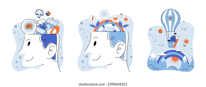 Mindset. Vector illustration. The mindset concept encourages us to question established beliefs and embrace novel perspectives Learning is evolutionary process fosters personal growth and development