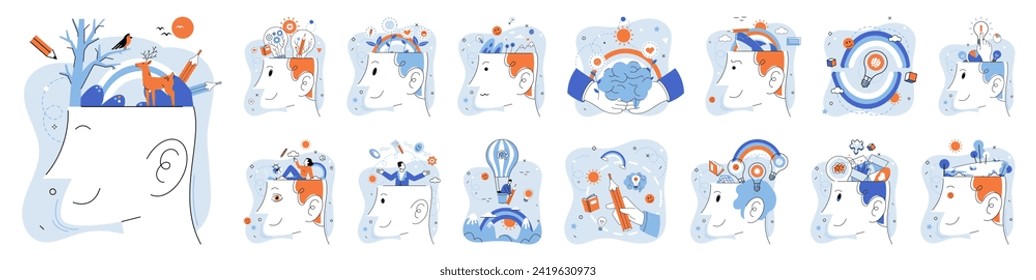 Mindset. Vector illustration. Developing growth mindset leads to improved thinking skills The psychology learning explores cognitive processes behind knowledge acquisition Attitude is key factor