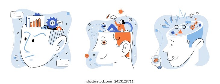 Mindset. Vector illustration. Positive thinking fosters self-awareness and fosters personal growth Imagination fuels exploration new ideas and stimulates originality Contemplation and meditation