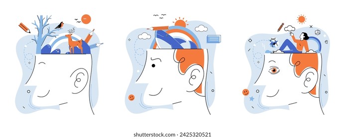 Mindset. Vector illustration. The psychology success involves understanding human behavior and motivation Skill acquisition is product growth mindset The mindset concept encourages us to think beyond