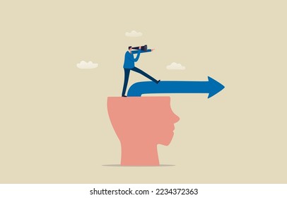 Mindset and vision of a leader in making business decisions. Brain makes decisions. Businessman finds a path forward from his head. illustration
