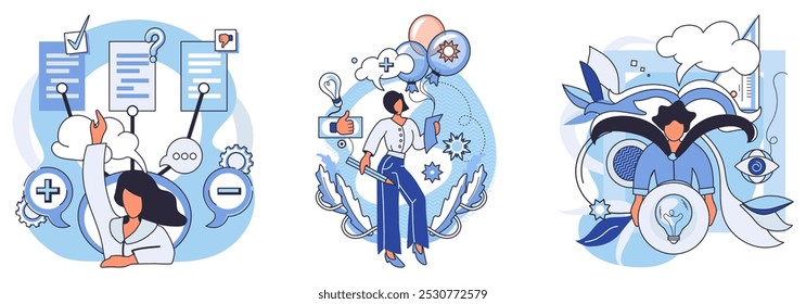 Mindset. Woman checks off tasks on a clipboard. Individual contemplates ideas with gears, a lightbulb, and a globe. Person holds a lightbulb among abstract designs. Ideal for productivity