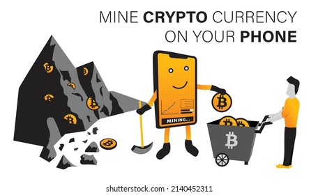 Mine Bitcoin auf dem Smartphone, Vektorgrafik