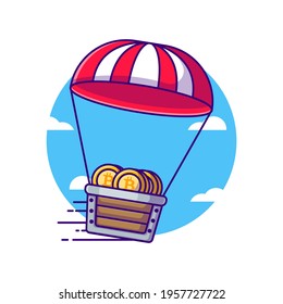 Mine Cart Bitcoin with Parachute Vector Cartoon Illustration. Mining Bitcoin Icon Concept White Isolated. Flat Cartoon Style Suitable for Web Landing Page, Banner, Sticker, and Background