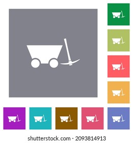Mine cart and pickaxe flat icons on simple color square backgrounds