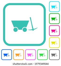 Mine cart and pickaxe vivid colored flat icons in curved borders on white background