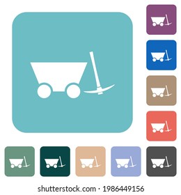 Mine cart and pickaxe white flat icons on color rounded square backgrounds