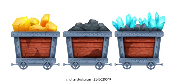 Mine Cart Vector Set, Diamond Wagon Kit, Golden Nuggets Carriage, Old Coal Game Trolley Illustration. Mountain Industry Equipment, Iron Wheel Mining Transportation, Crystal Stone. Mine Cart Clipart