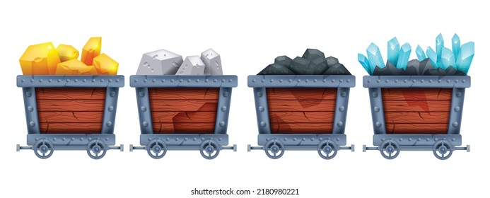 Mine Cart Vector Set, Diamond Wagon Kit, Golden Nuggets Carriage, Gold Coal Game Trolley Illustration. Mountain Industry Equipment, Iron Wheel, Crystal Stone, Mining Transportation. Mine Cart Clipart