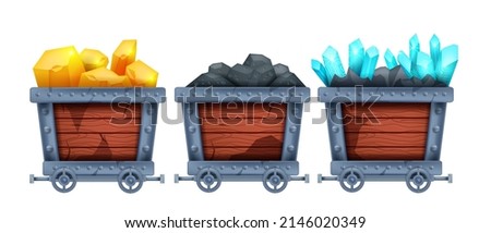 Mine cart vector set, diamond wagon kit, golden nuggets carriage, old coal game trolley illustration. Mountain industry equipment, iron wheel mining transportation, crystal stone. Mine cart clipart