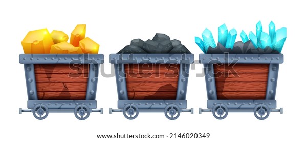 Mine cart vector set, diamond wagon kit, golden\
nuggets carriage, old coal game trolley illustration. Mountain\
industry equipment, iron wheel mining transportation, crystal\
stone. Mine cart clipart