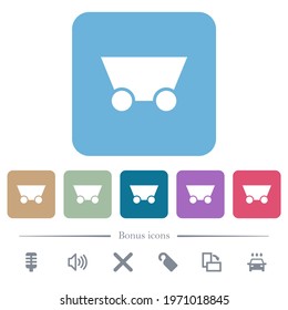 Mine cart white flat icons on color rounded square backgrounds. 6 bonus icons included