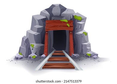 Mine cave cartoon vector illustration, ancient stone tunnel entrance, old wooden coal underground door. Game gray mountain rocks, geology coal shaft, cliff hole, rails. Mine cave isolated on white