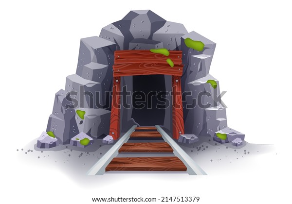 Mine cave cartoon vector illustration, ancient\
stone tunnel entrance, old wooden coal underground door. Game gray\
mountain rocks, geology coal shaft, cliff hole, rails. Mine cave\
isolated on white