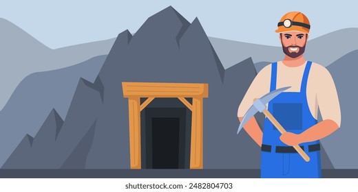 Mine cave entrance. Miner man character, coal or minerals mining, Worker in uniform with pickaxe. Coal mine tunnel. Extraction Industry. Vector