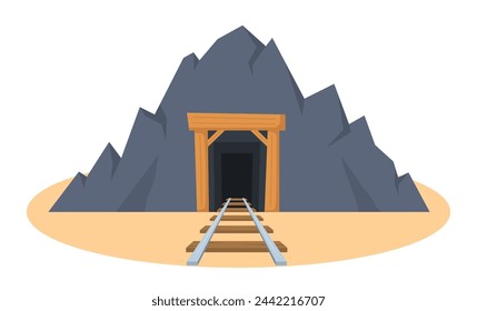 Mine cave entrance with railway. Rock, stone shaft with wooden planks. Coal mine tunnel. Vector illustration