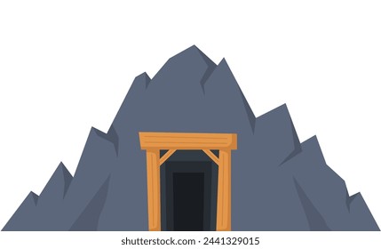 Mine cave entrance. Rock, stone shaft with wooden planks. Coal mine tunnel. Vector illustration