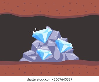 Mine cave with green precious materials in walls and railroad. Cartoon
