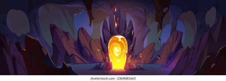 Mine cave inside fantasy game cartoon background. Dark underground rock cavern with gold magic portal. Epic mysterious glow door in mountain with stalactite. Wizard indoor teleport to alien world